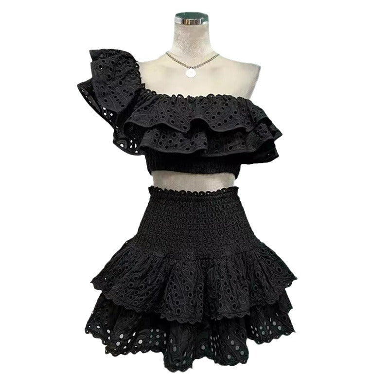 cut-out one-shoulder crop top + ruffle skirt set
