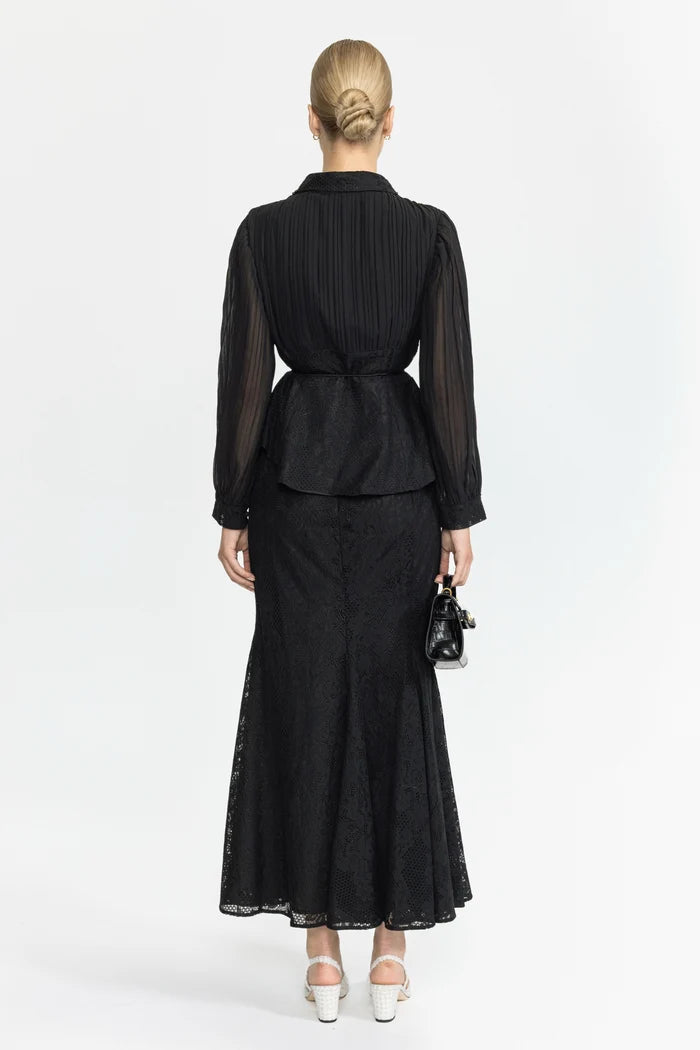 Pleated Chiffon Lace Peplum Blouse and Maxi Skirt Set - Black