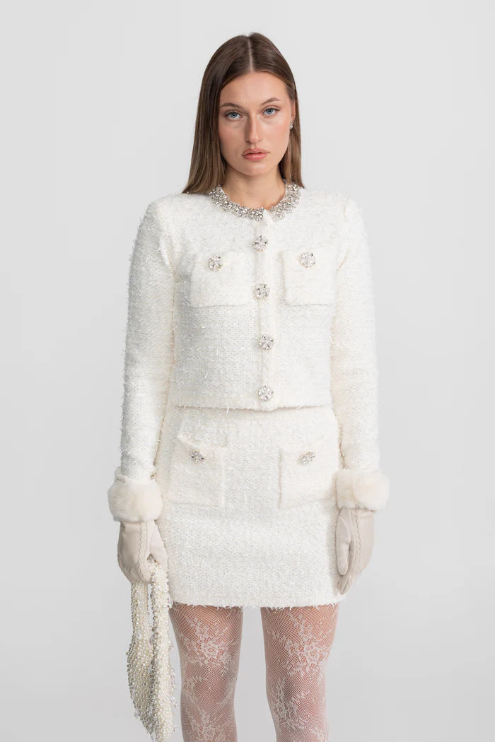 Tweed Blazer With Crystal Embellishments And Buttons - Ivoire