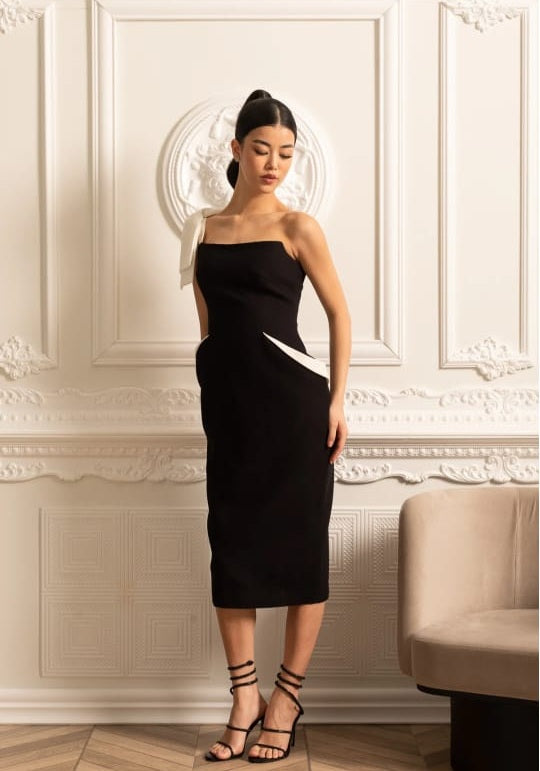 Elegant Asymmetrical Dress With Contrasting White Detachable Capelet