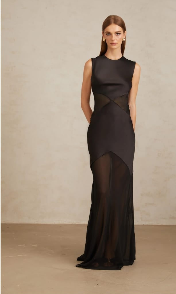 Siiri Black Tulle Panel Satin Maxi Gown