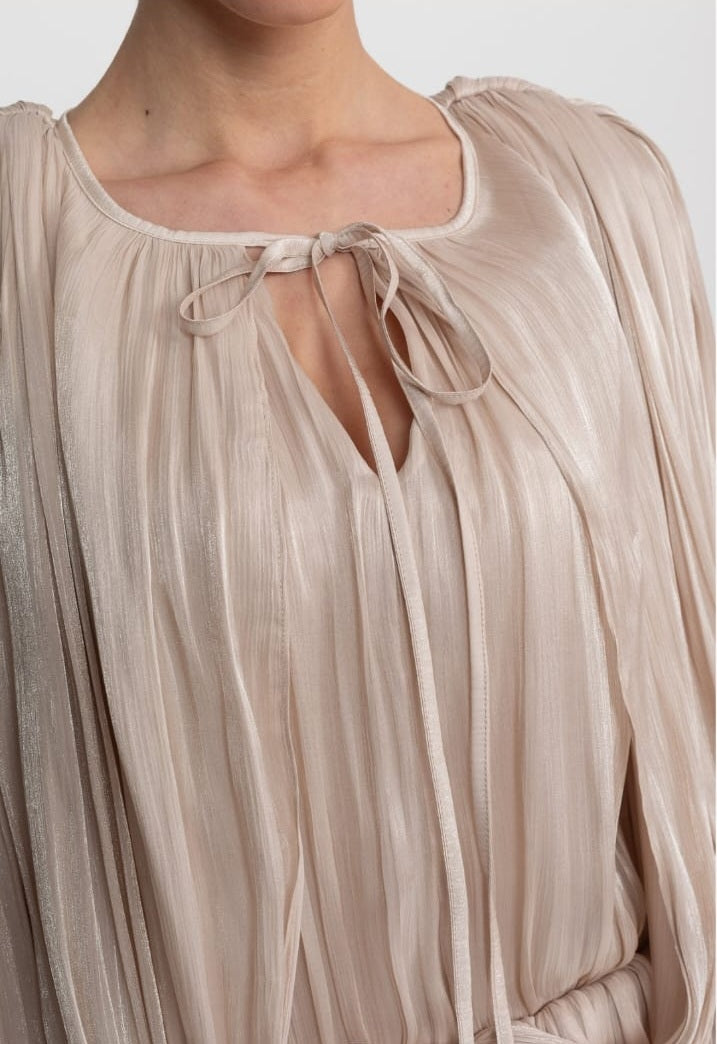 Draped Long Sleeve Mini Dress With Batwing Sleeves - Champagne