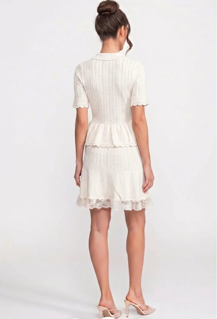 Polo Collar Knit Mini Dress with Button Top, Peplum Waist and Lace Hem - White