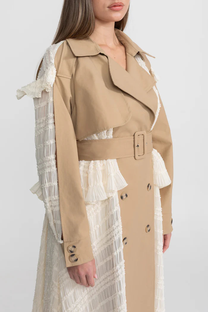 Longline Lace Panel Trench Coat With Belted Waist – Beige