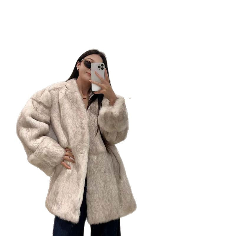 V-neck roll-up sleeve rabbit  mid-length fur coat