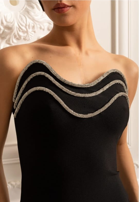Elegant Fitted Dress With Silver Embellished Neckline Trim - Black