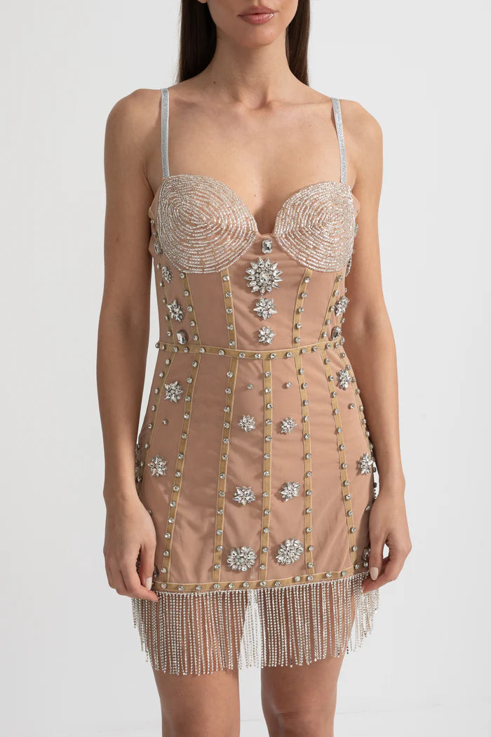 Mini Dress With Fitted Bodice, Silver Beading Accents And Sparkling Fringed Hem - Beige