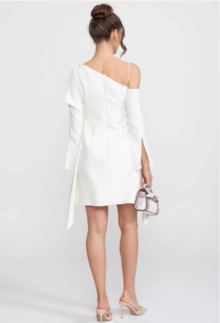 Asymmetric Cold-Shoulder Mini Dress With Long Sleeves And Gold Brooch - White