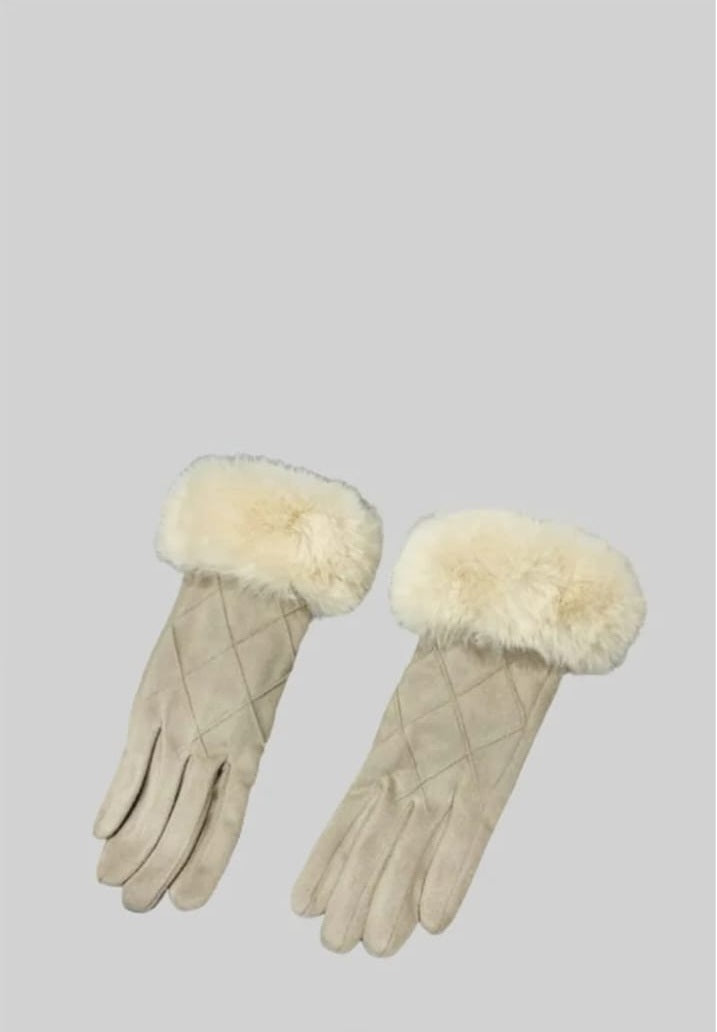 Suede Quilted Gloves With Fur - Beige