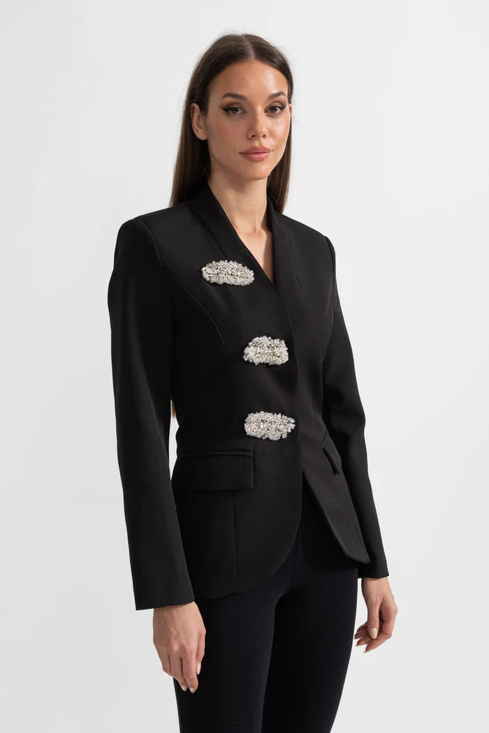 Tailored Blazer With Structured Shoulders And Silver Floral Clasps - Black