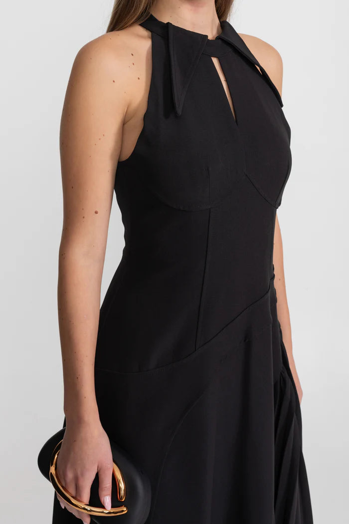 Pleated Halter Midi Dress With Keyhole Detail - Black