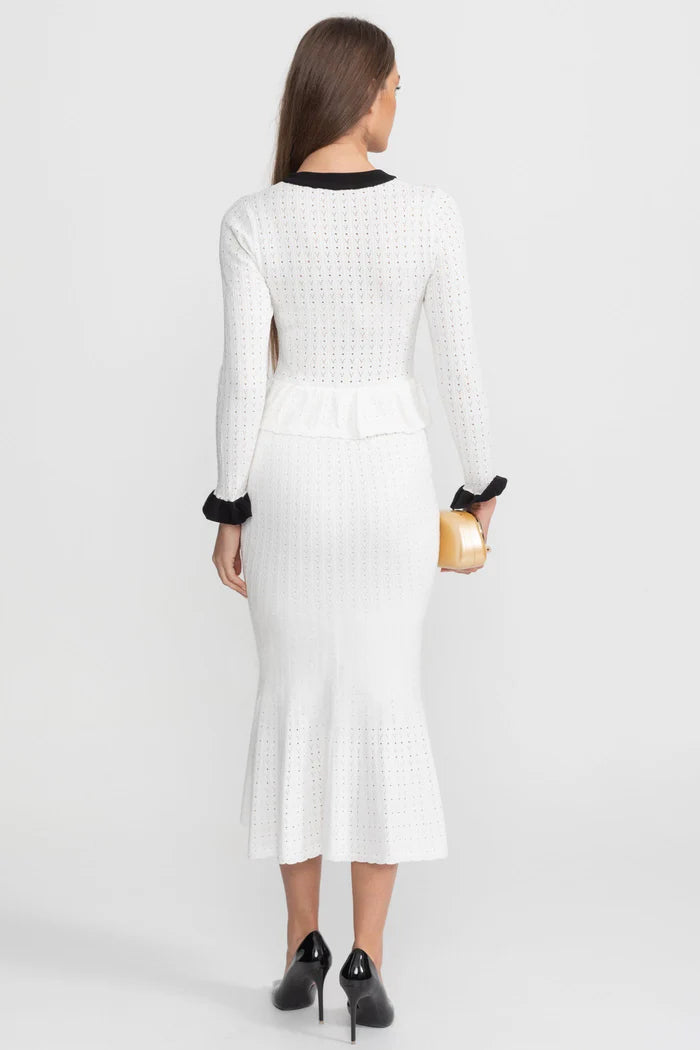 Pointelle Knit Midi Co-Ord with Contrast Trim – White