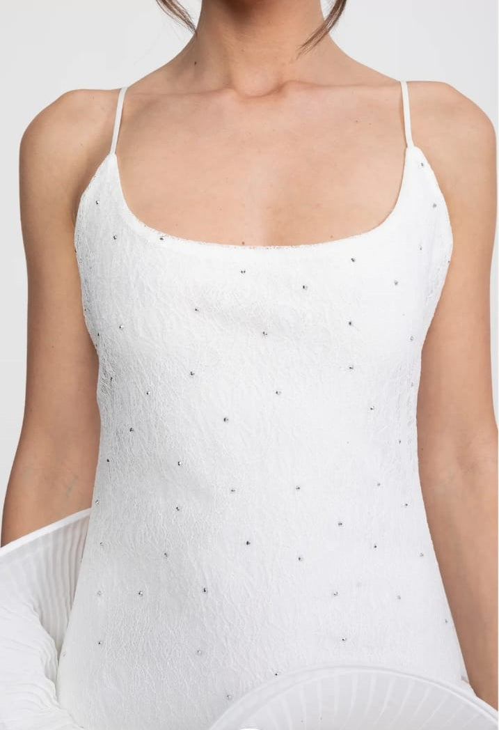 Babydoll Mini Dress With Sparkling Embellishments And Ruffled Peplum Skirt - White