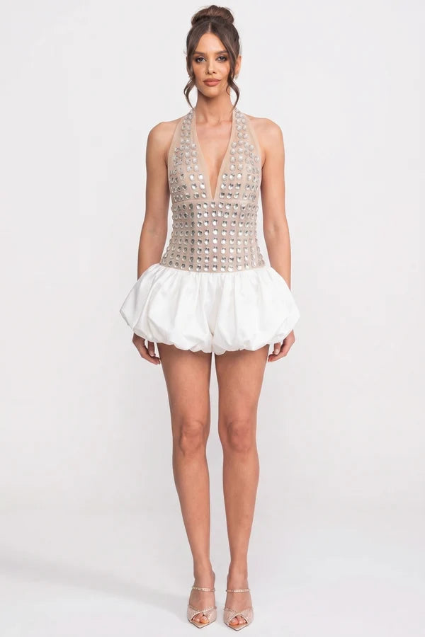 Crystal-Embellished Halter Mini Dress With Bubble Skirt - White