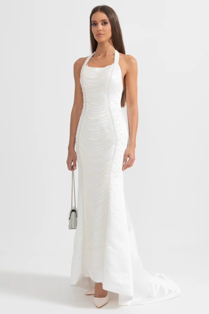 Exquisite Satin Evening Gown With Pearls - White