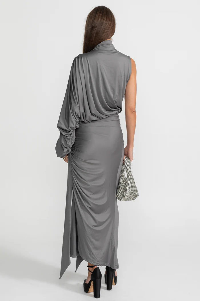 Draped Asymmetric Top and Ruched Maxi Skirt Co-Ord Set – Steel Grey