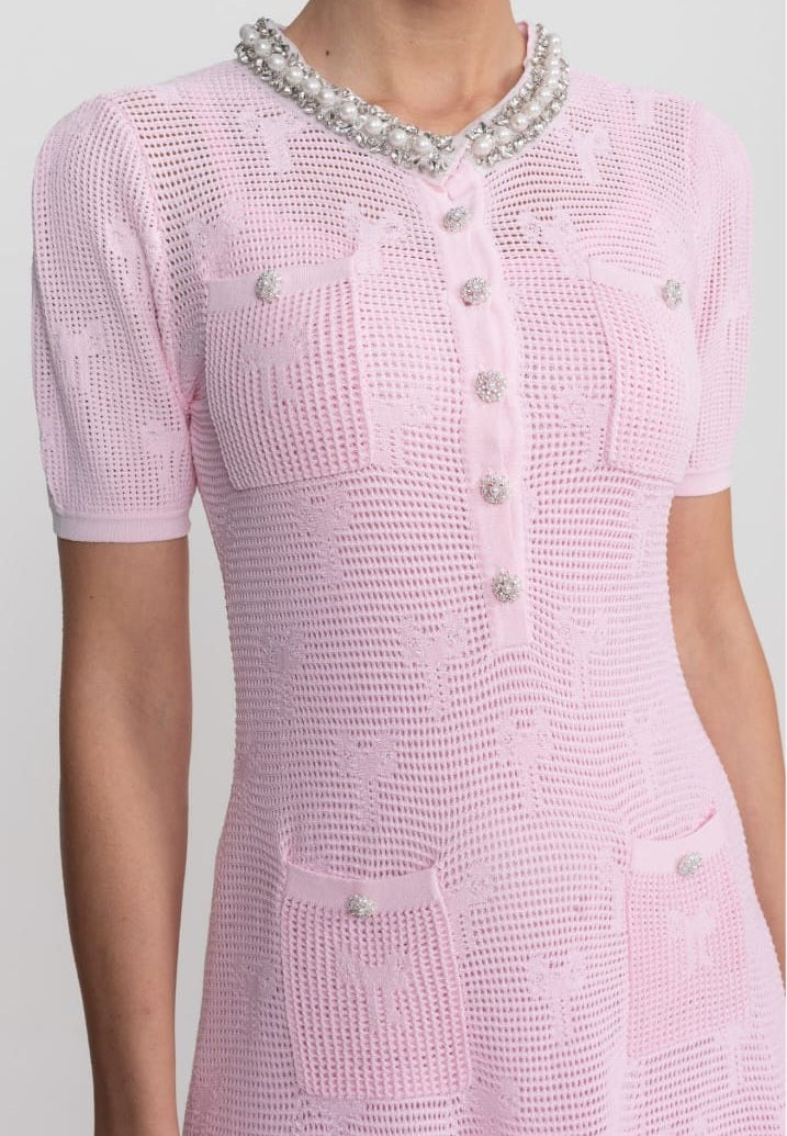 Textured Short Sleeve Mini Dress With Pearl Trim Neckline And Crystal Buttons - Pink