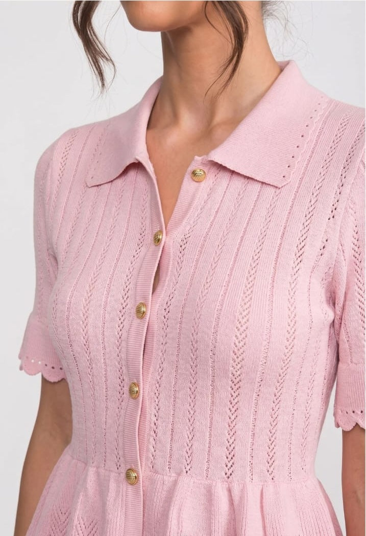 Polo-Collar Mini Dress With Button Top, Peplum Waist And Lace Hem - Pink
