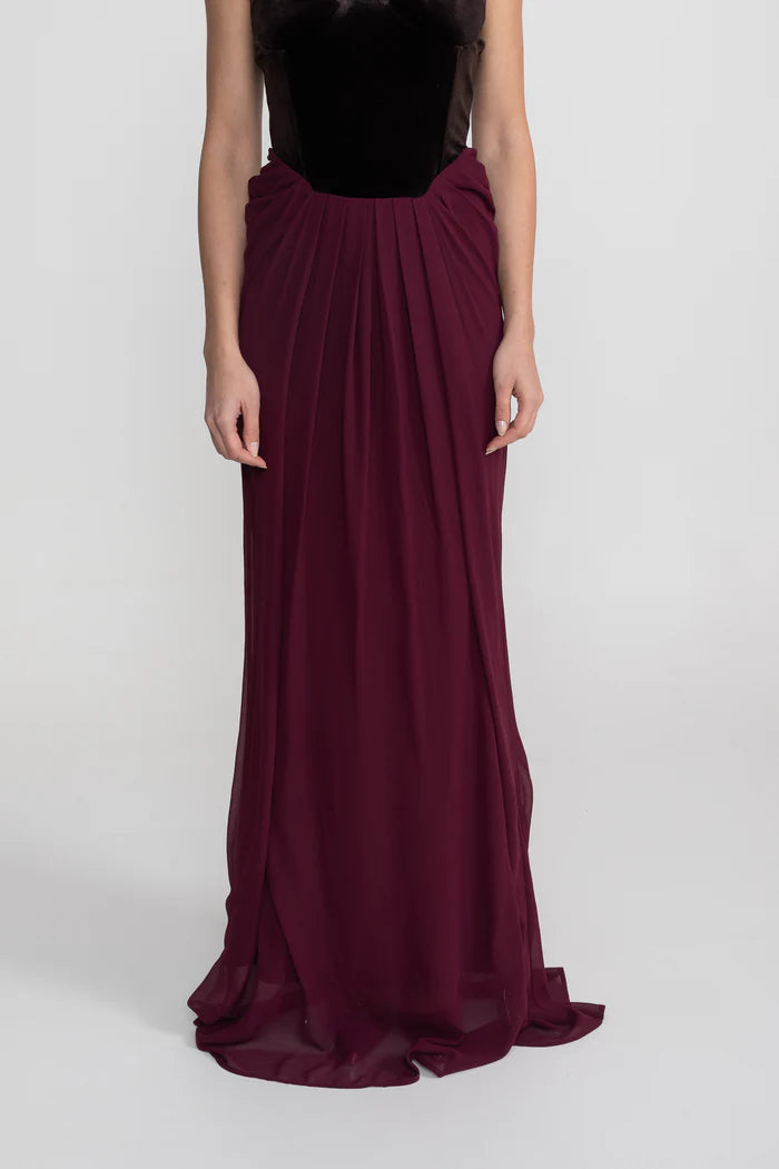 Maxi Dress With Velvet Corset Bodice And Flowing Skirt - Burgundy