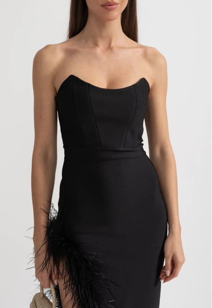 Strapless Feather-Trimmed Dress With Fitted Bodice And Asymmetrical Hemline - Black