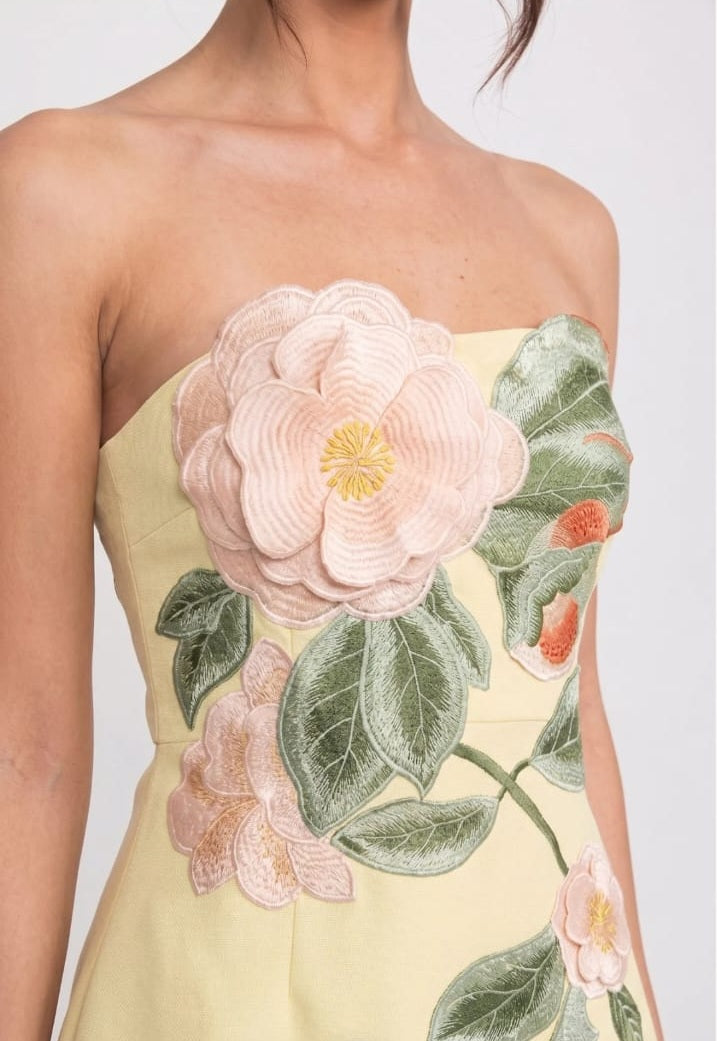 Strapless Mini Dress With 3D Camellia Floral Appliqué - Yellow
