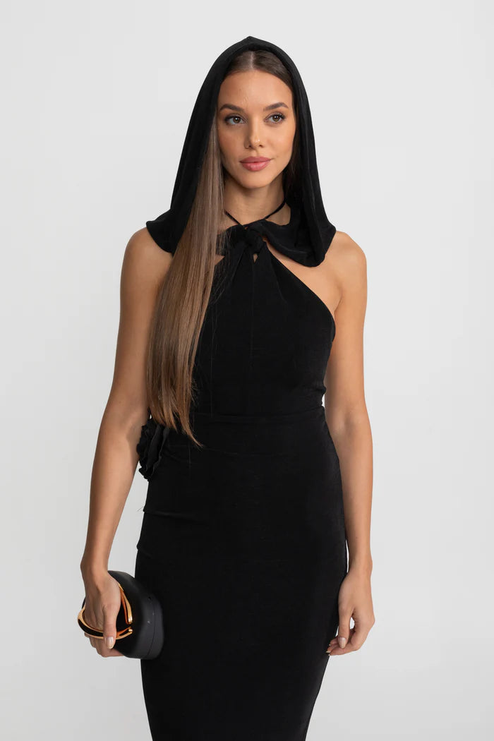 Silhouette Maxi Dress with Draped Hood and Side Rosette - Black