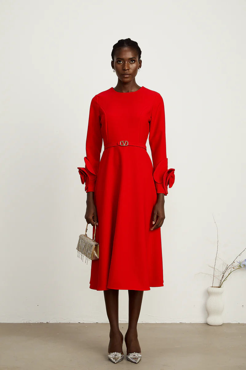 Coralie red long-sleeve floral-appliqué midi dress