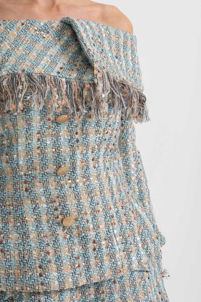 Plaid Tweed Set With Off-Shoulder Top And Coordinated Mini Skirt - Blue