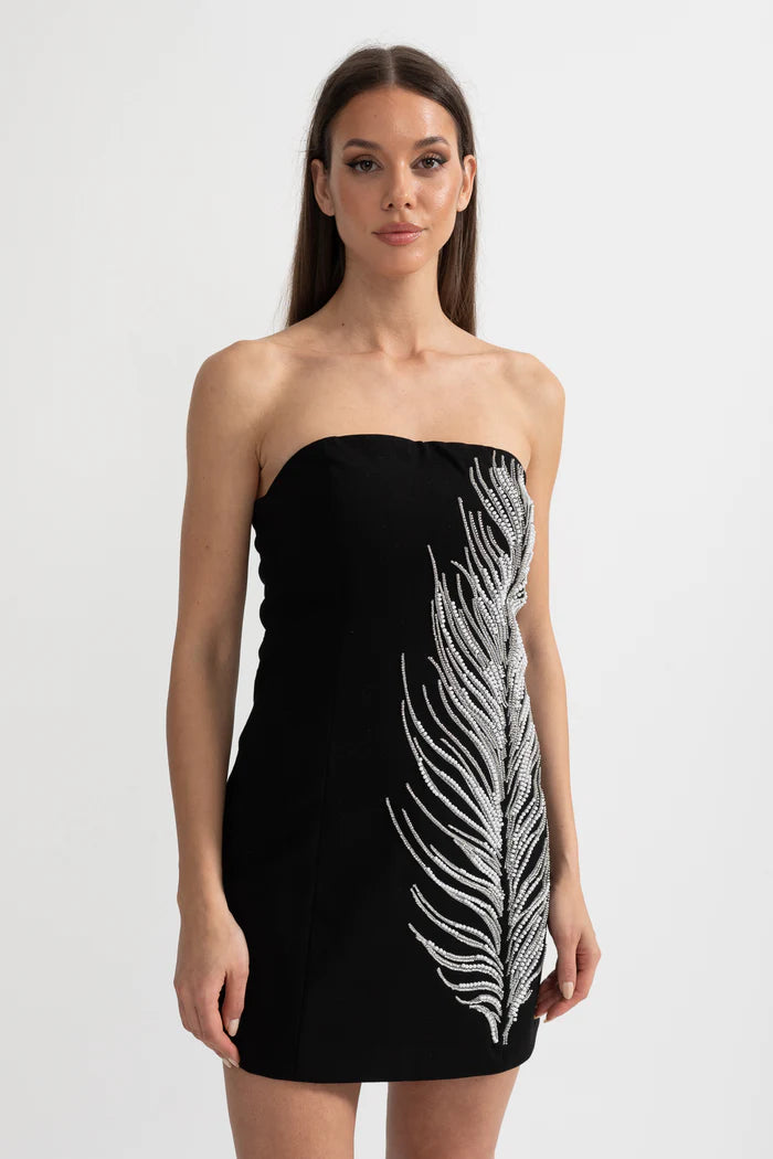 Strapless Mini Dress with Crystal Feather Embellishments - Black