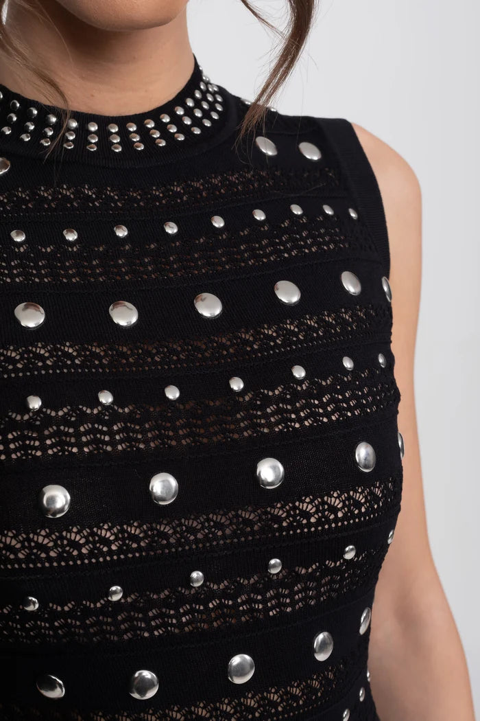 Embellished Knit Midi Dress With High Neck And Ruffle Hem - Black