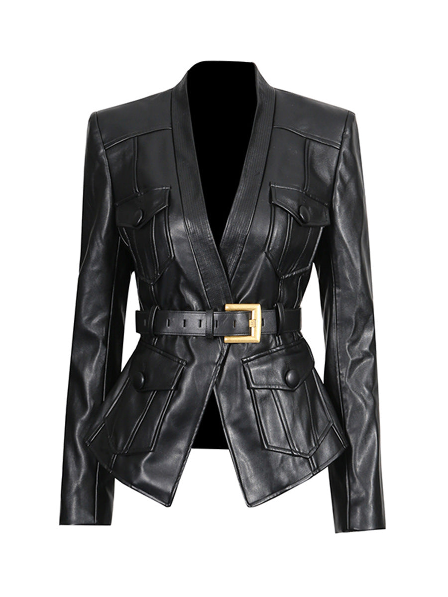 Women's belt multi-pocket  blazer