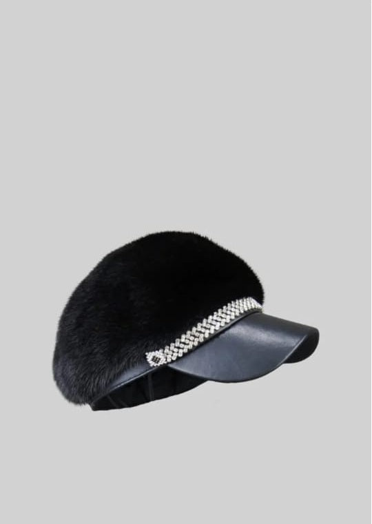 Mink Fur Hat With Leather Visor - Black