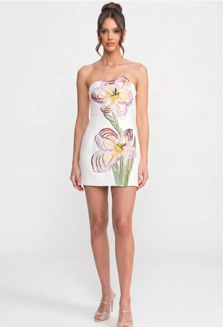Strapless Mini Dress With 3D Iris Floral Appliqué - White