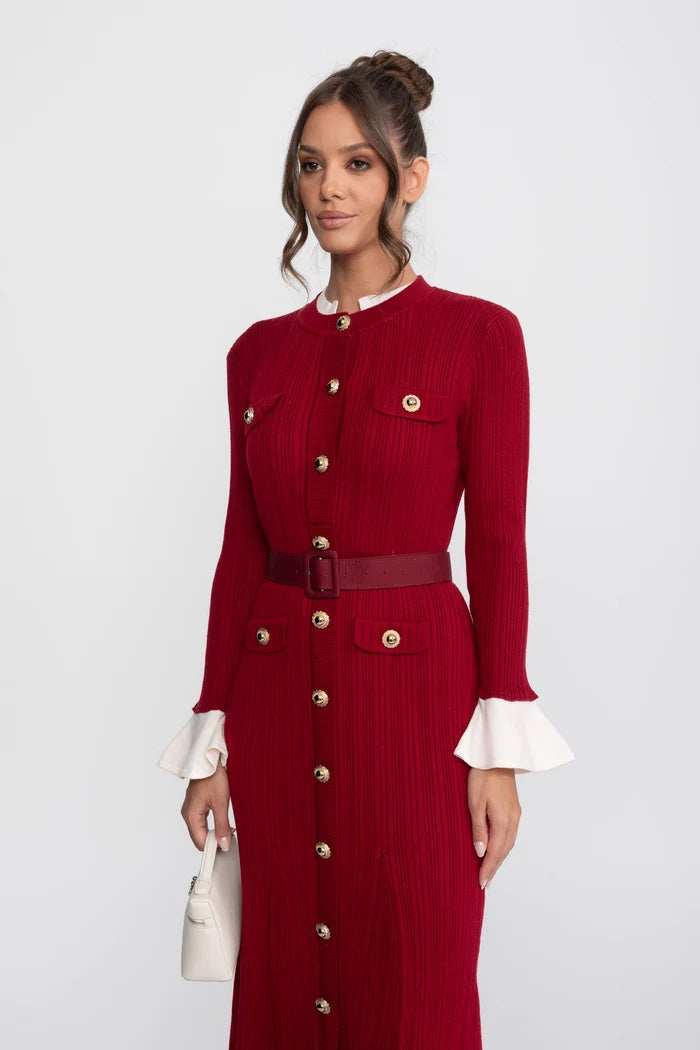 Ribbed Knit Belted Midi Dress With White Cuffs And Collar - Red