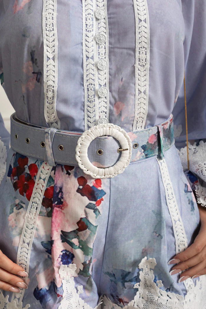 Floral Co-Ord with Lace Insets and Statement Belt - Powder Blue