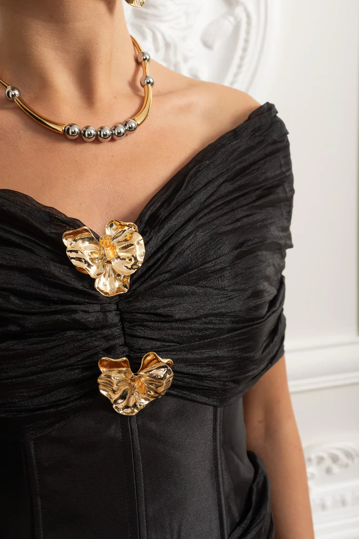 Off-Shoulder Corset Mini Dress with Gold Embellishments - Black