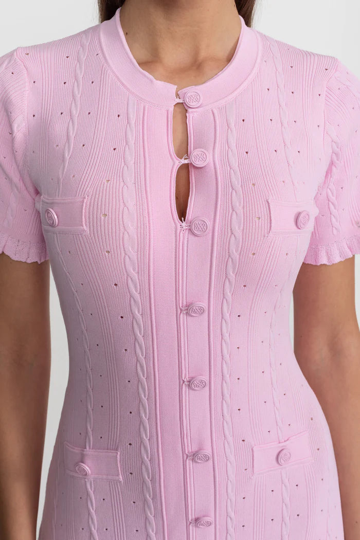 Knit Button-Front Midi Dress with Scalloped Sleeves – Pink