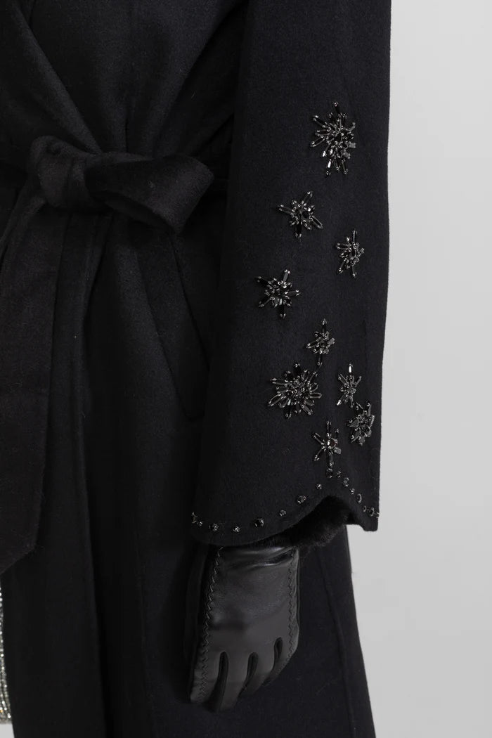 Embellished Wool Overcoat With Fox Fur Collar – Black