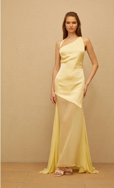 Chantal Yellow Asymmetrical Satin Maxi Dress