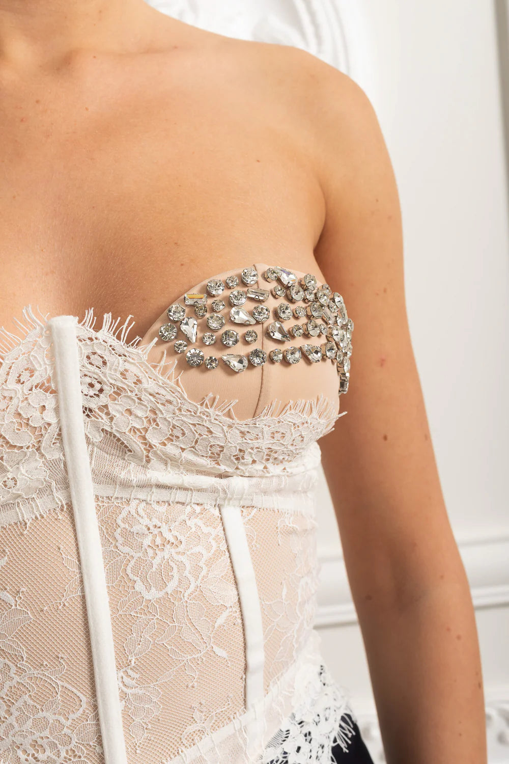 Lace Bustier Top With Crystal Embellished Cups - Ivoire