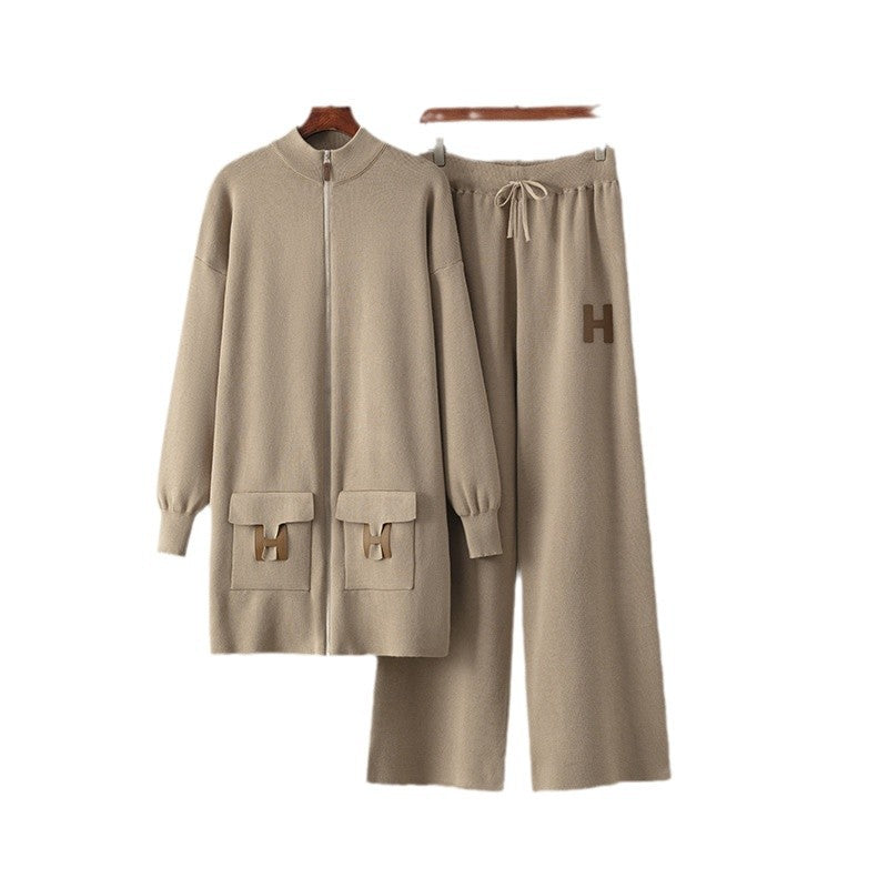 Top + drawstring loose wide-leg pants two-piece set