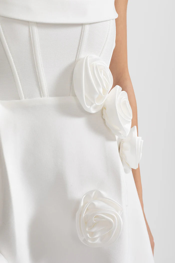 Strapless Mini Dress with Sculptural Floral Appliqués - White