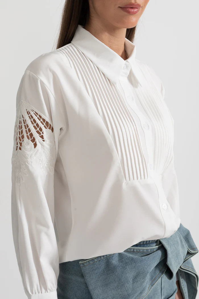 Long-Sleeve Shirt With Pleated Front And Lace Sleeve Inserts - White