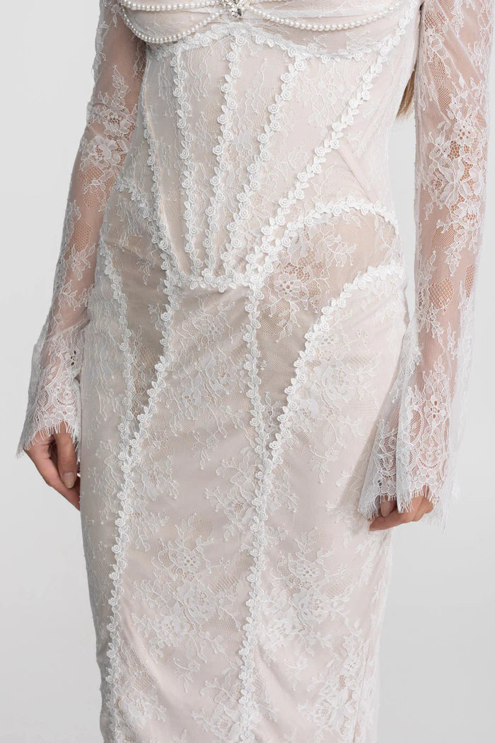 Off-Shoulder Lace Midi Dress with Pearl-Trimmed Bustier - Ivoire