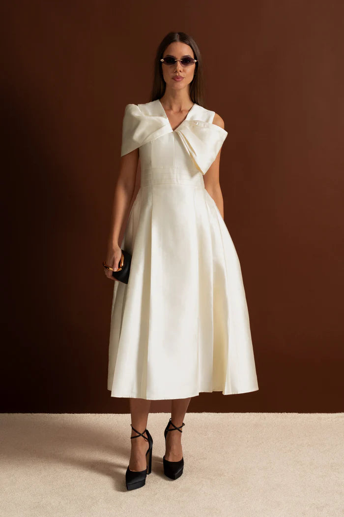 Off-Shoulder Satin Midi Dress With Draped Bow Detail – Ivoire