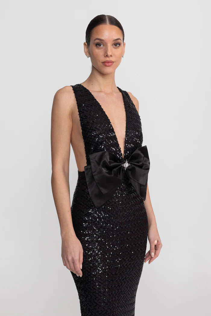 Sequin Maxi Dress With Satin Bow Detail - Black