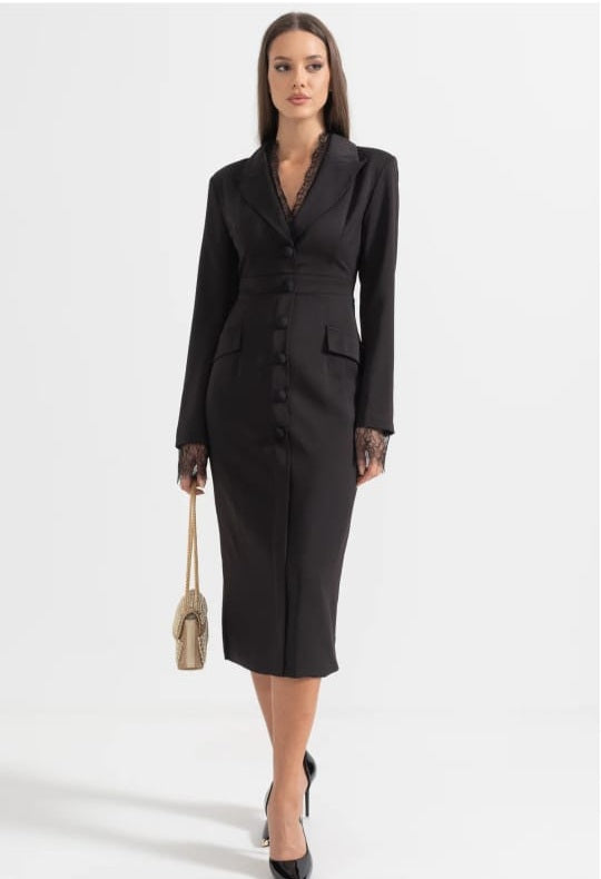Elegant Buttoned Dress With Lace Details - Black