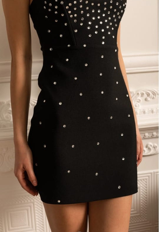 FITTED MINI DRESS WITH SPARKLING RHINESTONE ORNAMENTS - BLACK