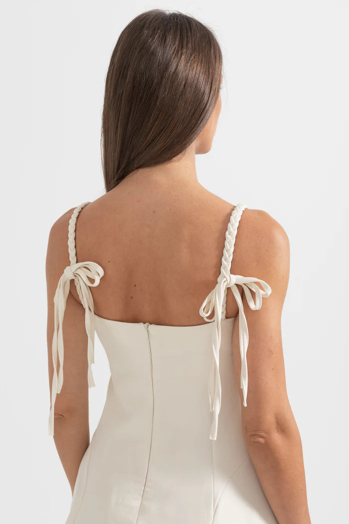 Silhouette Mini Dress With Flared Hemline And Braided Straps - Ivoire