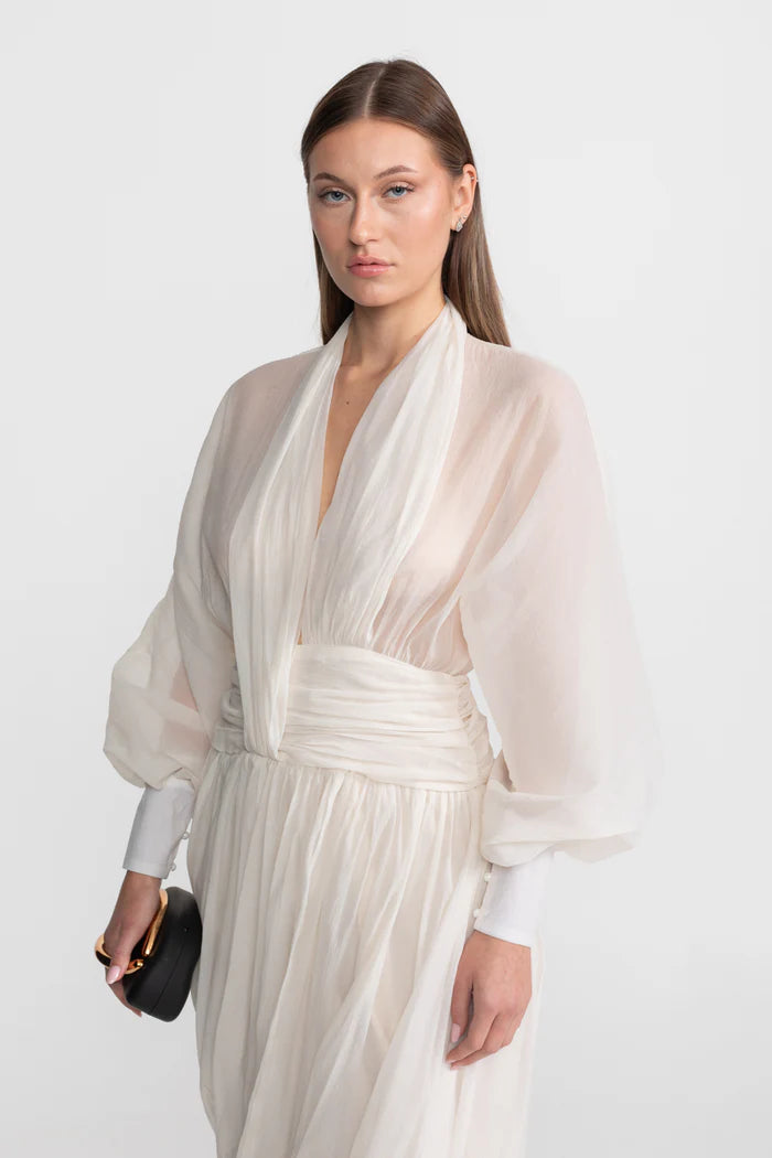 Draped Chiffon Maxi Dress With Long Bishop Sleeves – Ivoire